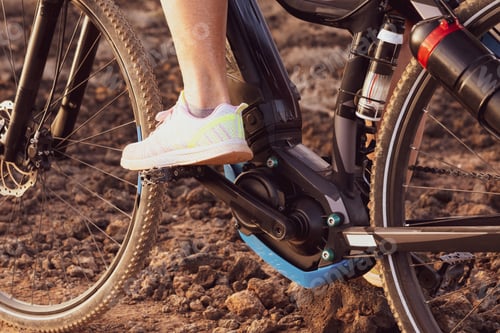 Preview: Close up on motor and battery of an electro bike. Outdoor activity with bicycle for healty lifestyle