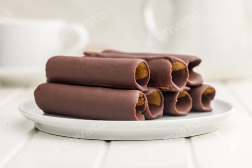 Preview: Chocolate Covered Wafers on White Plate