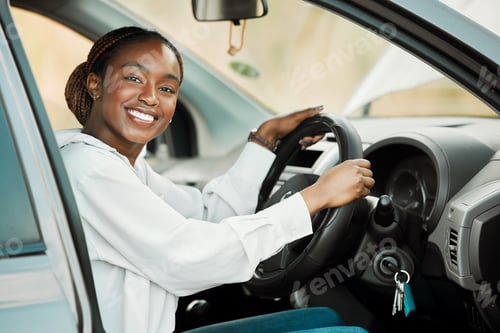 Preview: Woman, driving car and portrait in driver seat with license, freedom and travel on road trip. Black