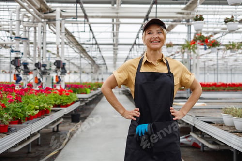 Preview: Portrait of a confident female florist dressed in a black apron and cap standing in a greenhouse