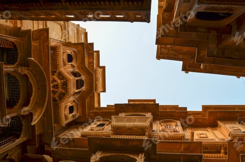 Preview: View up from the ground inside a historic fortified building in Jaisalmer. Traditional architecture,