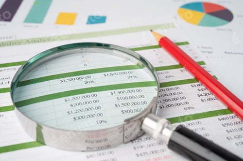Preview: Magnifying glass on charts graphs paper. Financial development, Banking Account, Statistics,