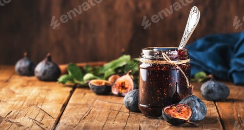 Preview: Red fig jam in jar with fresh blue figs. Homemade preparations and canning