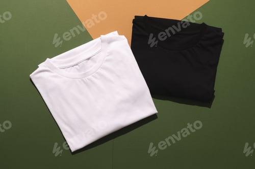 Preview: Close up of folded white and black t shirts and copy space on green to orange background