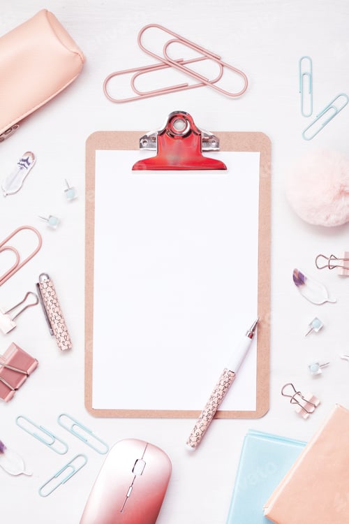 Preview: Overhead view to various office supplies. Flat lay with mockup planner. Clipboard