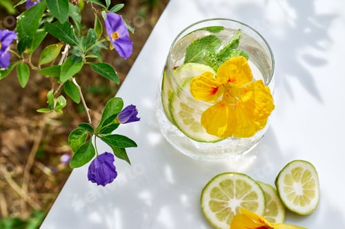 Preview: Iced lemonade with edible nasturtium flowers, lime and mint leaves. Refreshing summer drink.