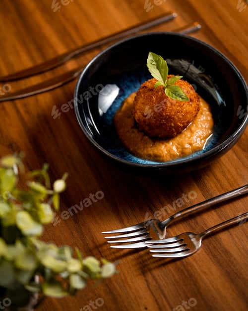 Preview: Gourmet arancini with basil garnish in a black bowl.