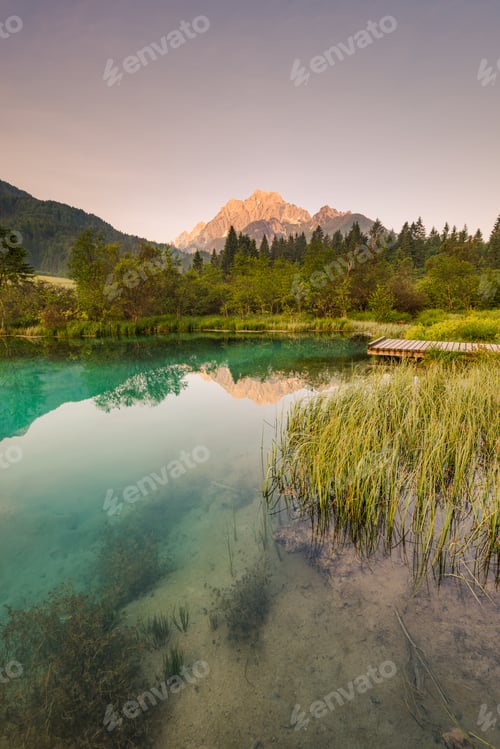 Preview: Beautiful sunrise over emerald green water in Zelenci spring