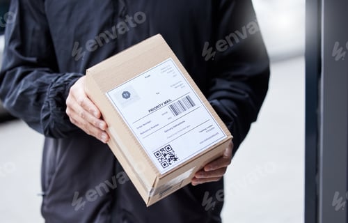 Preview: Box, hands and courier at entrance for a delivery, ecommerce work or cargo shipping. Closeup, logis