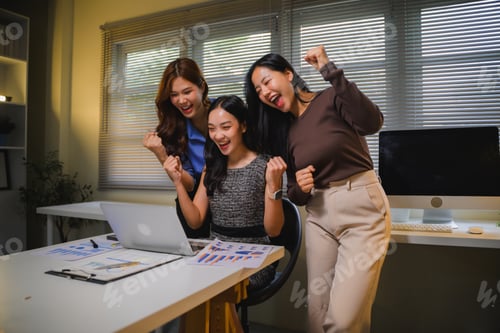 Preview: Business women celebrating teamwork success in office, working with laptop and financial graphs