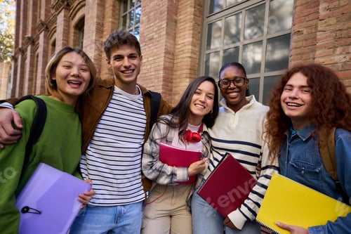 Preview: Portrait of a cheerful group of young multiracial student looking at the camera having fun