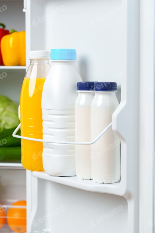 Preview: Open Refrigerator Door With Juice, Milk, and Fresh Produce
