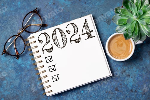 Visualização: Resoluções de ano novo 2024 na mesa. Lista de resoluções de 2024 com caderno, xícara de café na mesa