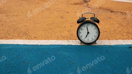 Preview: Retro black alarm clock on colorful background with copy space.