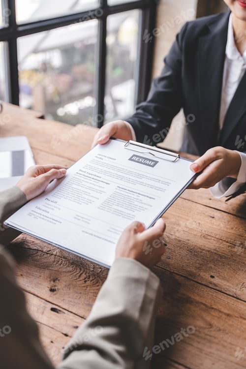Preview: Portrait of a person interviewing for a job and
Submit resume to staff job application concept