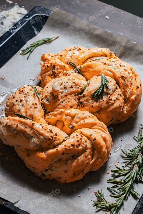 Preview: Woman is preparing homemade bitten fresh herb bread rolls of Provencal herbs with salt and garlic