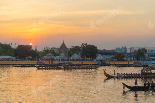 Preview: The Temple of Dawn, Wat Arun, with the royal barge procession in Bangkok City, Thailand.