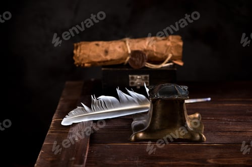 Preview: Ancient Inkwell, feather pen and old paper with a seal