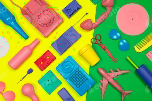 Preview: Brightly colored plastic objects arranged creatively on a vibrant background