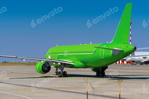 Preview: Green passenger airplane at the airport on sunny day