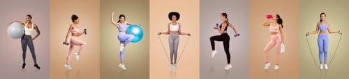 Preview: Women engaging in diverse fitness activities with colorful backgrounds