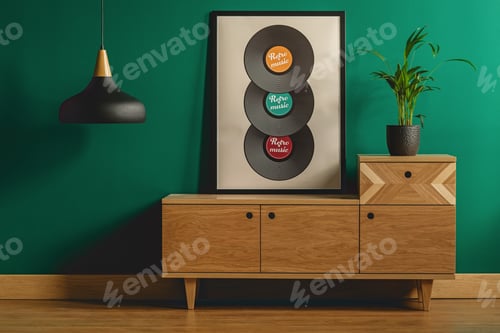 Preview: Framed poster on wooden dresser