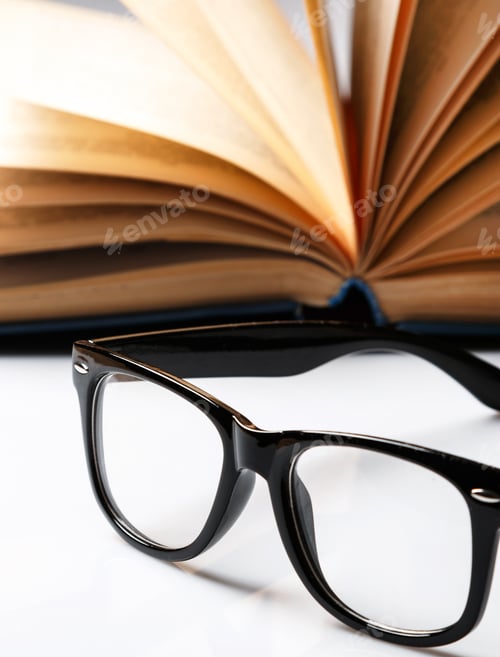 Preview: Open Book and Reading Glasses on White Surface