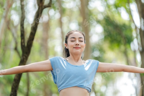 Preview: Fitness woman stretching before or after workout, Asian fit girl workout exercise in the morning