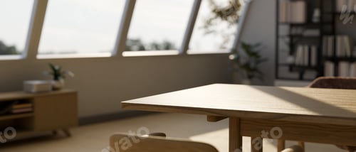 Preview: Copy space on wood dining table in comfortable Scandinavian living room. close-up image