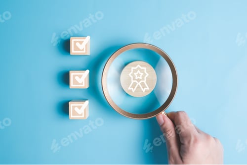 Preview: ISO smart globe with check mark guarantee icons on wooden cube and copy space