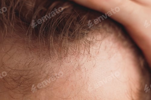 Preview: balding man is opening his forehead, close up view