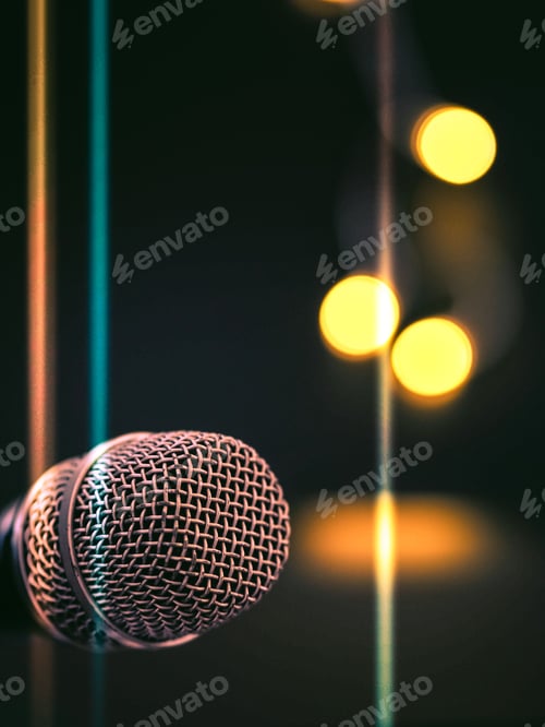 Preview: Vertical shot of a microphone with bokeh lights in the background