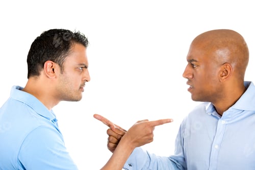 Preview: Closeup Portrait Of Two Angry Guys Pointing Fingers At Each Other And Blaming For Problems