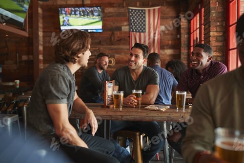 Preview: Group Of Male Friends Meeting And Drinking Beer In Sports Bar Together