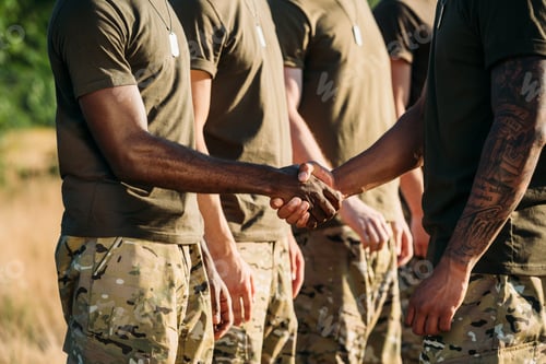 Preview: partial view of african american soldier and tactical instructor in military uniform shaking hands