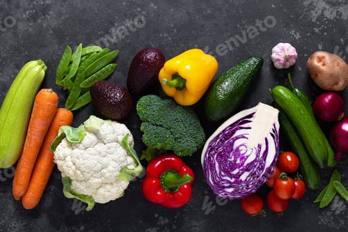 Preview: Healthy food, fresh raw green organic fruits and leafy vegetables