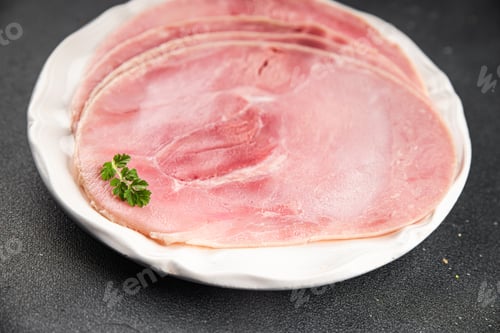Preview: Ham slice pork meat fresh tasty food dish delicious gourmet food background on the table rustic food