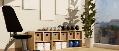 Preview: Minimal and comfortable home exercise room with sport bench, dumbbells, sport equipments