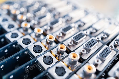 Preview: Close-up blurry metal sockets on a computer video board