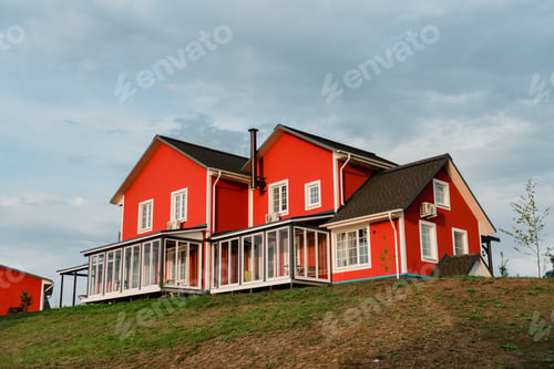 Preview: Red Scandinavian House at Sunset