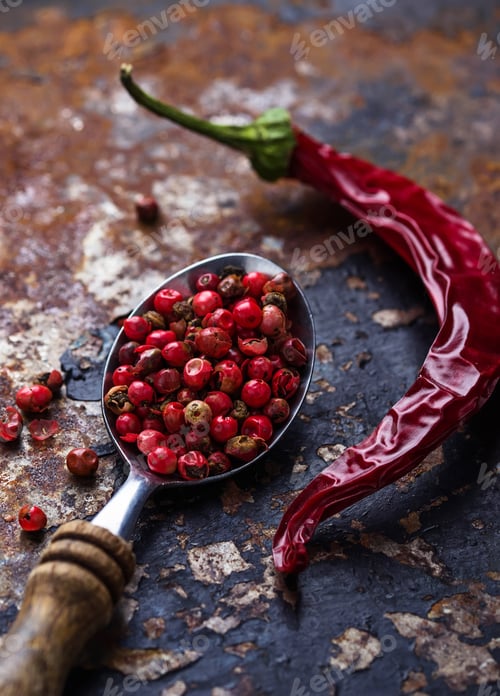 Preview: Red chili peppers and rose pepper on slate background