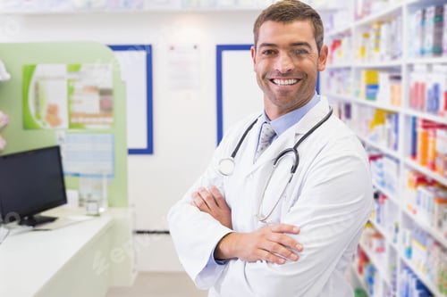 Preview: Smiling male doctor wearing lab coat checking computer monitor at pharmacy counter, copy space