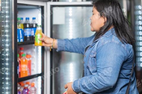 Preview: Fat woman buying soft drink in a supermarket