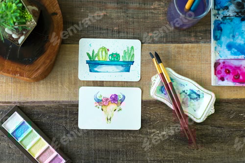 Preview: Cactus and Skull Watercolor Paintings on Rustic Wood