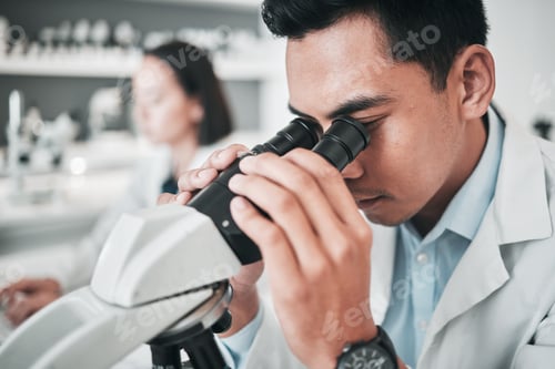 Preview: Microscope, face and man in laboratory for medical research, dna analysis or studying science, gen