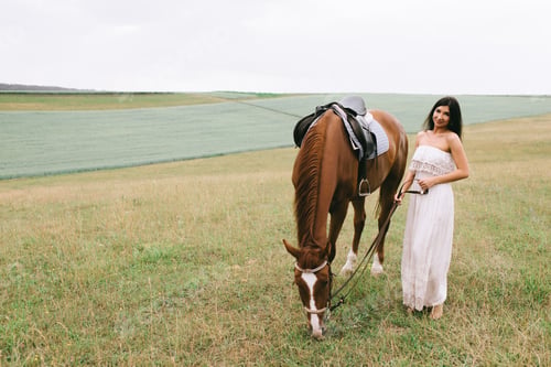 Preview: beautiful woman standing near brown horse on field