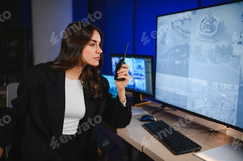 Preview: Woman working security control room using walkie talkie