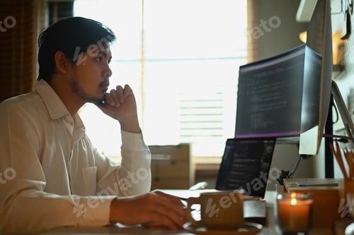 Preview: Skilled male software developer programming code on the computer for cyber security