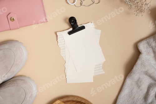 Preview: Empty paper and women's shoes, wallet and cosmetics. Shopping, fashion blog concept