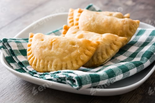 Preview: Delicious empanadas resting on checkered cloth on wooden table